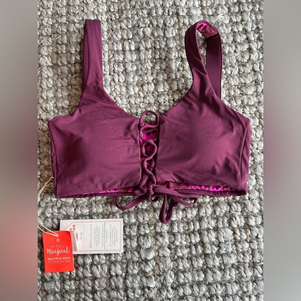Nwt Anthropologie maaji cross lace up reversible maroon animal print bikini top